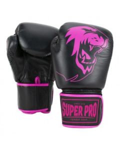 Gants de combat professionnels Warrior Super Pro en cuir (kickboxing) Noir/Rose 12oz